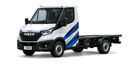 Iveco Daily Chassis Cab in white with custom van vinyl graphics, front three-quarter view.