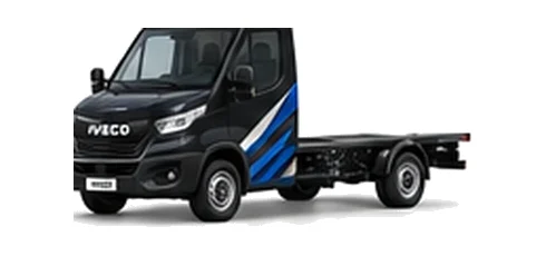 Iveco Daily Chassis Cab in black with custom van vinyl graphics, front three-quarter view.