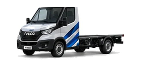 Iveco Daily Chassis Cab in silver with custom van vinyl graphics, front three-quarter view.
