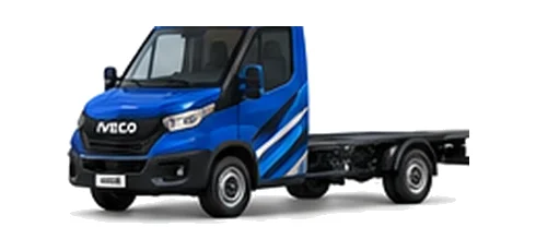 Iveco Daily Chassis Cab in blue with custom van vinyl graphics, front three-quarter view.