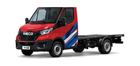 Iveco Daily Chassis Cab in red with custom van vinyl graphics, front three-quarter view.