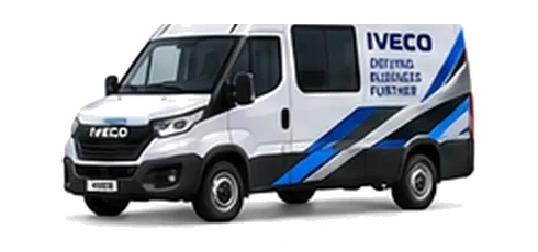 Iveco Daily Crew Van in white with custom van vinyl graphics, front three-quarter view.