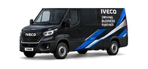 Iveco Daily Crew Van in black with custom van vinyl graphics, front three-quarter view.