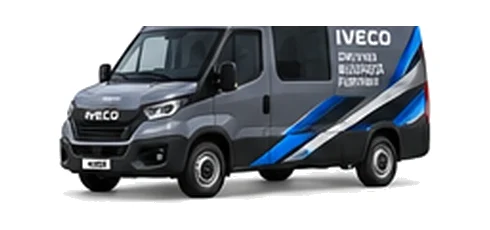 Iveco Daily Crew Van in grey with custom van vinyl graphics, front three-quarter view.