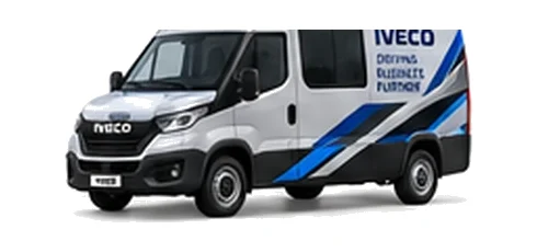 Iveco Daily Crew Van in silver with custom van vinyl graphics, front three-quarter view.