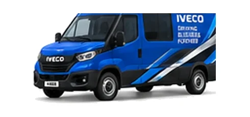 Iveco Daily Crew Van in blue with custom van vinyl graphics, front three-quarter view.
