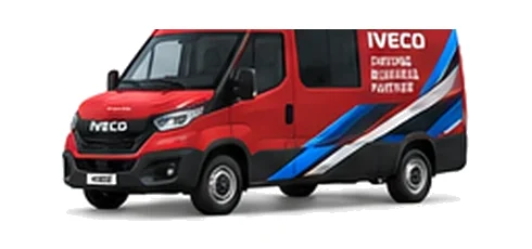 Iveco Daily Crew Van in red with custom van vinyl graphics, front three-quarter view.