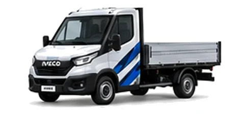 Iveco Daily Dropside in white with custom van vinyl graphics, front three-quarter view.