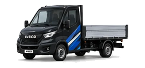 Iveco Daily Dropside in black with custom van vinyl graphics, front three-quarter view.