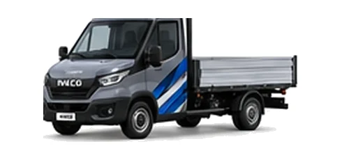 Iveco Daily Dropside in grey with custom van vinyl graphics, front three-quarter view.
