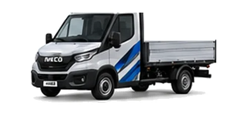 Iveco Daily Dropside in silver with custom van vinyl graphics, front three-quarter view.