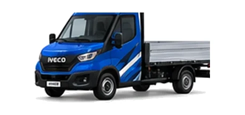 Iveco Daily Dropside in blue with custom van vinyl graphics, front three-quarter view.