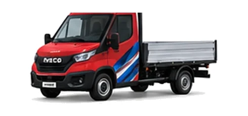 Iveco Daily Dropside in red with custom van vinyl graphics, front three-quarter view.
