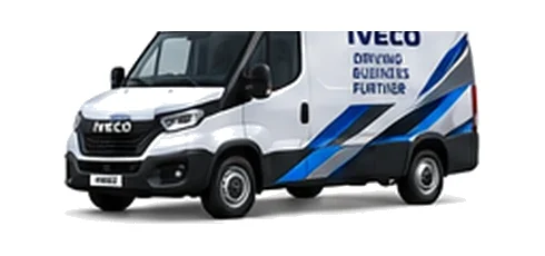 Iveco Daily Panel Van in white with custom van vinyl graphics, front three-quarter view.