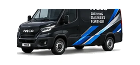 Iveco Daily Panel Van in black with custom van vinyl graphics, front three-quarter view.