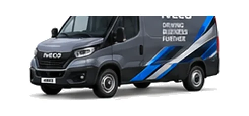 Iveco Daily Panel Van in grey with custom van vinyl graphics, front three-quarter view.