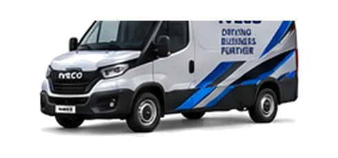 Iveco Daily Panel Van in silver with custom van vinyl graphics, front three-quarter view.