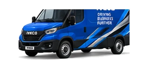 Iveco Daily Panel Van in blue with custom van vinyl graphics, front three-quarter view.