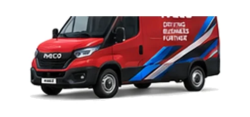 Iveco Daily Panel Van in red with custom van vinyl graphics, front three-quarter view.