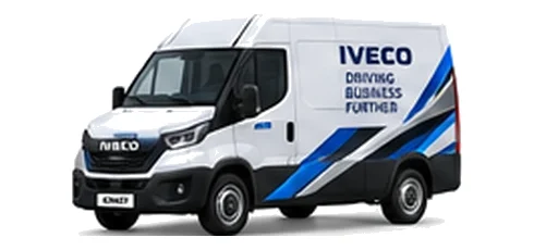 Iveco eDaily Panel Van in white with custom van vinyl graphics, front three-quarter view.