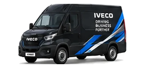 Iveco eDaily Panel Van in black with custom van vinyl graphics, front three-quarter view.