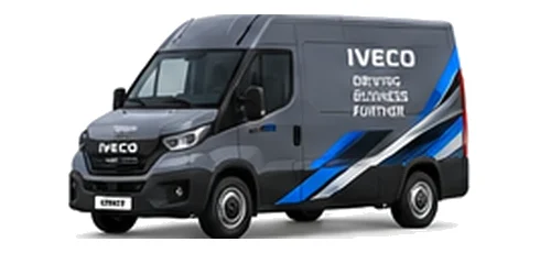Iveco eDaily Panel Van in grey with custom van vinyl graphics, front three-quarter view.