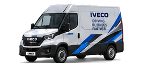 Iveco eDaily Panel Van in silver with custom van vinyl graphics, front three-quarter view.