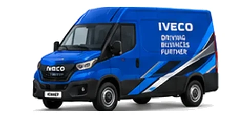 Iveco eDaily Panel Van in blue with custom van vinyl graphics, front three-quarter view.