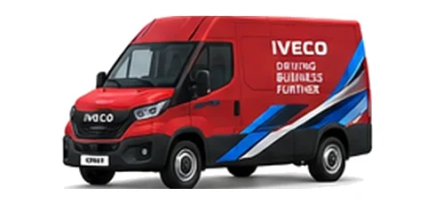 Iveco eDaily Panel Van in red with custom van vinyl graphics, front three-quarter view.