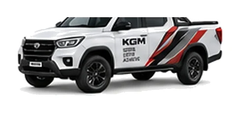 KGM Musso in white with custom van vinyl graphics, front three-quarter view.