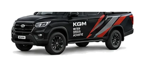 KGM Musso in black with custom van vinyl graphics, front three-quarter view.