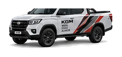 KGM Musso in silver with custom van vinyl graphics, front three-quarter view.
