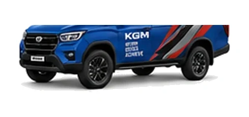 KGM Musso in blue with custom van vinyl graphics, front three-quarter view.