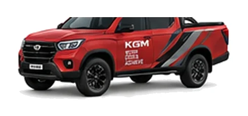 KGM Musso in red with custom van vinyl graphics, front three-quarter view.