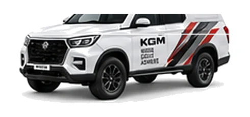 KGM Musso Commercial in white with custom van vinyl graphics, front three-quarter view.