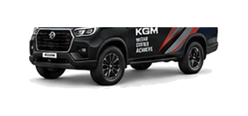 KGM Musso Commercial in black with custom van vinyl graphics, front three-quarter view.