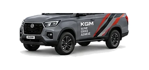 KGM Musso Commercial in grey with custom van vinyl graphics, front three-quarter view.