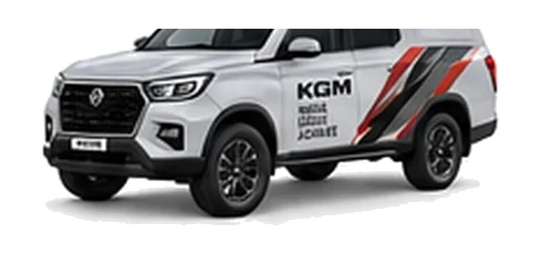 KGM Musso Commercial in silver with custom van vinyl graphics, front three-quarter view.