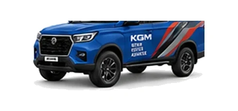 KGM Musso Commercial in blue with custom van vinyl graphics, front three-quarter view.