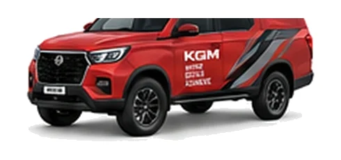KGM Musso Commercial in red with custom van vinyl graphics, front three-quarter view.