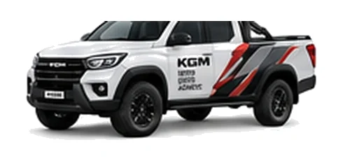 KGM Musso Grand in white with custom van vinyl graphics, front three-quarter view.
