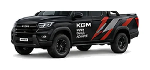 KGM Musso Grand in black with custom van vinyl graphics, front three-quarter view.