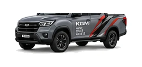 KGM Musso Grand in grey with custom van vinyl graphics, front three-quarter view.