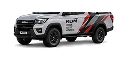 KGM Musso Grand in silver with custom van vinyl graphics, front three-quarter view.