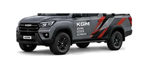 KGM Musso Grand in blue with custom van vinyl graphics, front three-quarter view.