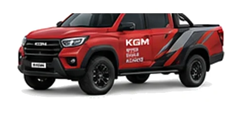 KGM Musso Grand in red with custom van vinyl graphics, front three-quarter view.