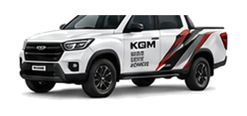 KGM Musso Saracen in white with custom van vinyl graphics, front three-quarter view.