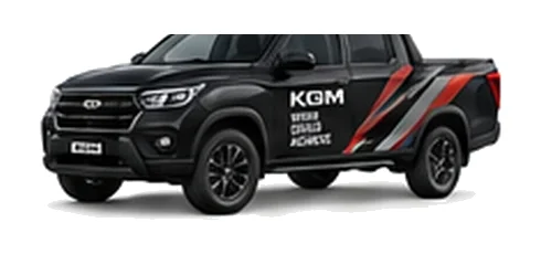 KGM Musso Saracen in black with custom van vinyl graphics, front three-quarter view.
