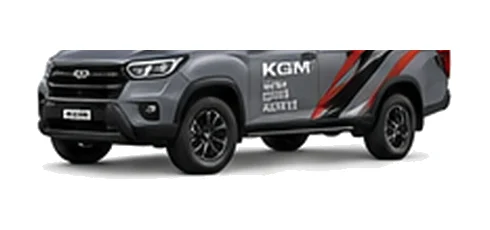 KGM Musso Saracen in grey with custom van vinyl graphics, front three-quarter view.