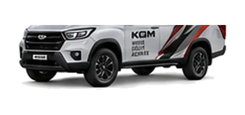 KGM Musso Saracen in silver with custom van vinyl graphics, front three-quarter view.